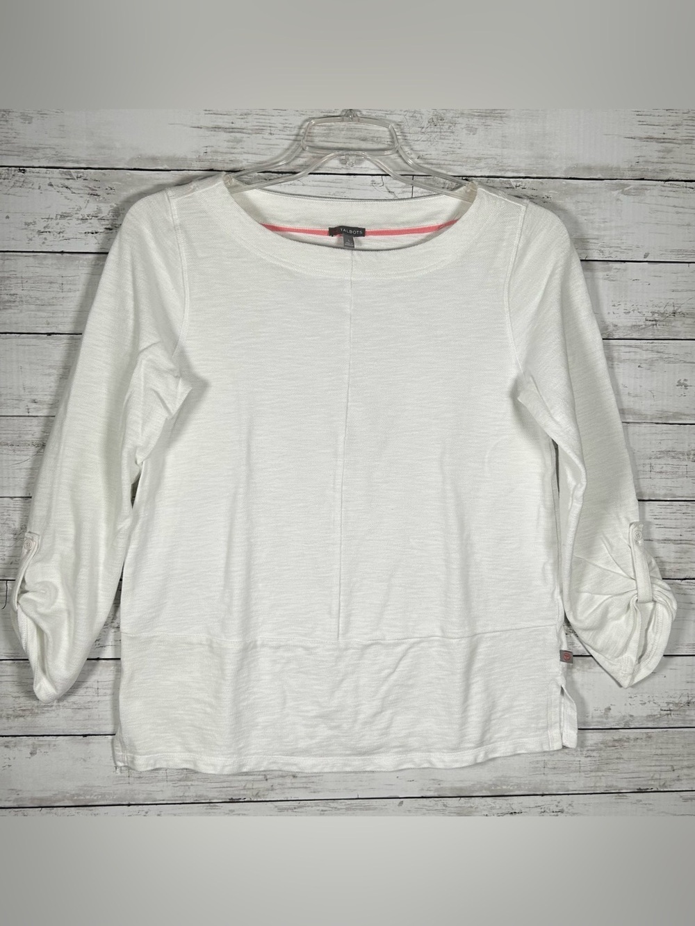 Talbots Cotton Textured Boat Neck Long Sleeve Roll Tab Cotton white T-Shirt L